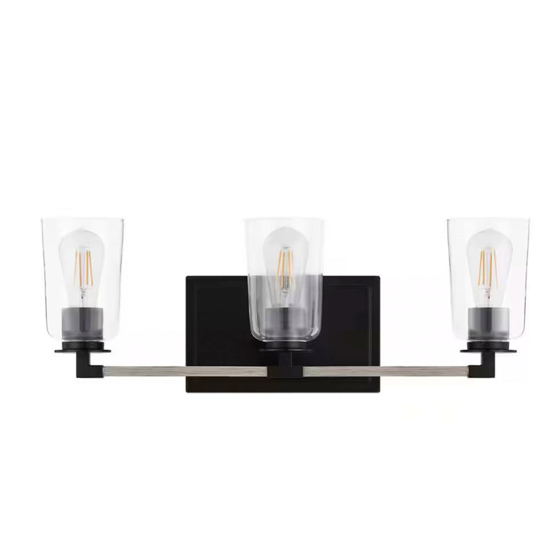 Walsh 24 in. 3-Light Black Coastal Bathroom Vanity Light with Bleached Oak Accents and Clear Glass Shades - 1006326163