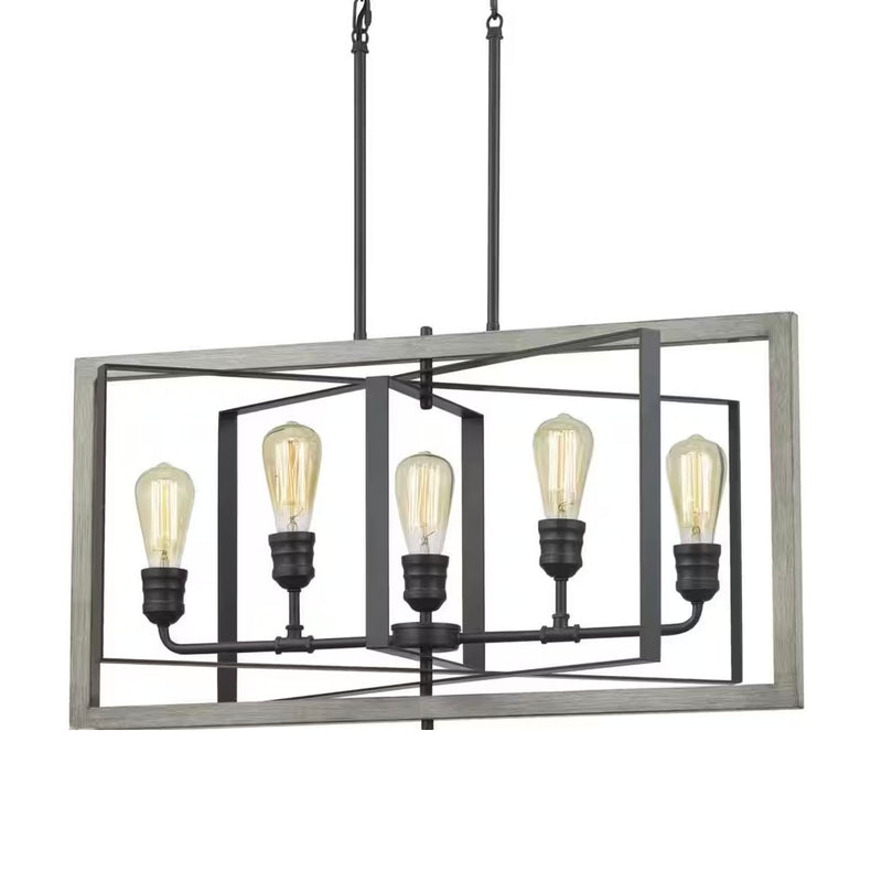 Palermo Grove 5-Light Graphite Linear Rectangular Chandelier with Oak Accents, Rustic Farmhouse Dining Room Chandelier - 1006326242
