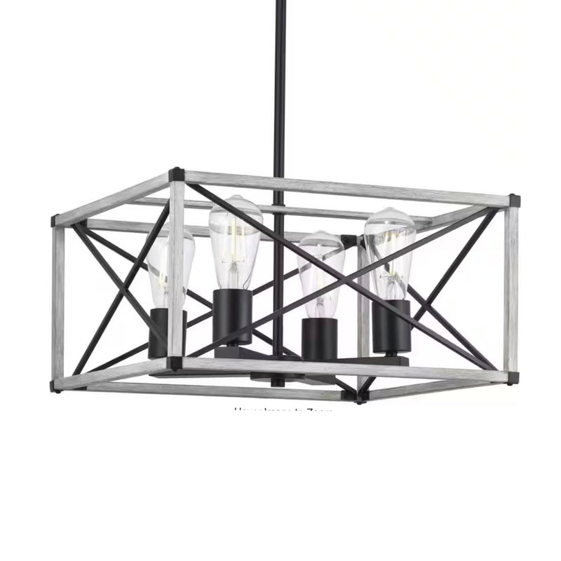 Madison Landing 4-Light Caged Matte Black Rectangular Pendant Hanging Light with Washed White Farmhouse Wood Accents - 1006326661