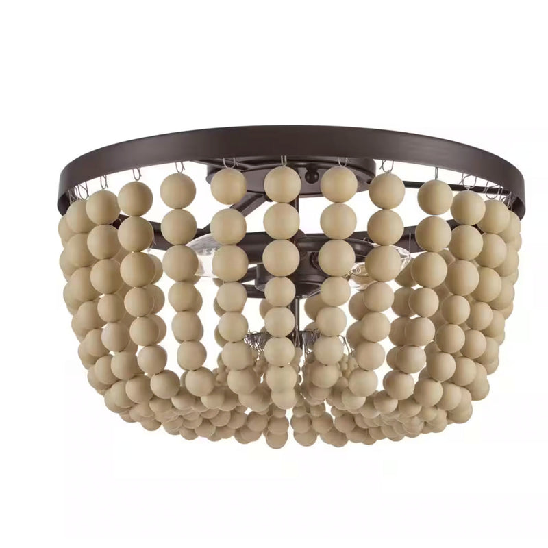 Cayman 13 in. 2-Light Bronze and Faux Wood Beaded Flush Mount Ceiling Light Fixture with Beaded Shade - 1007836558