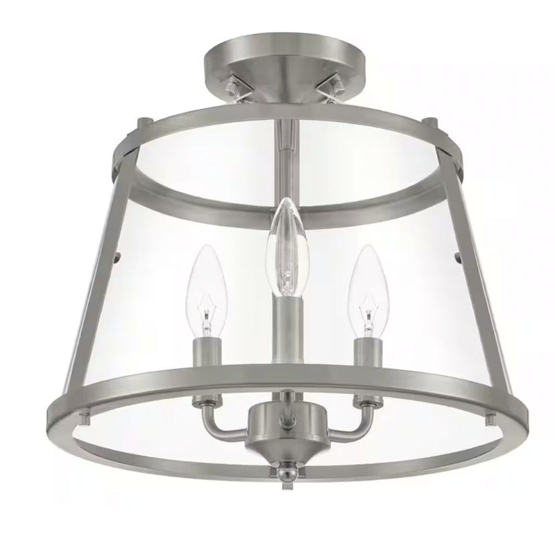Lincoln 14 in. 3-Light Brushed Nickel Semi-Flush Mount Ceiling Light Fixture with Metal and Glass Shade - 1008195519