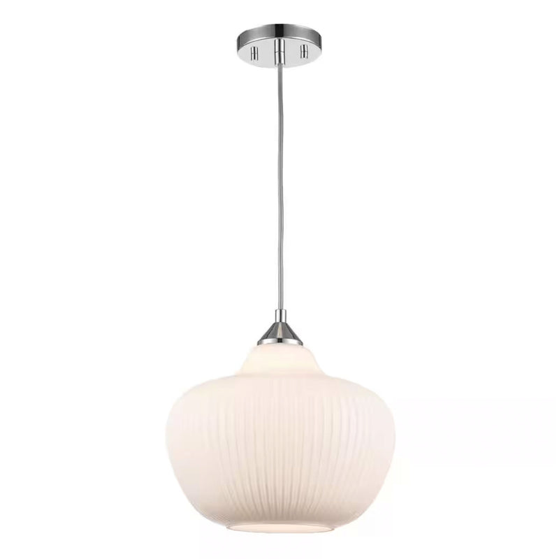 Pompton 1-light Polished Chrome Pendant Light Fixture with White Ribbed Glass Globe Shade - 1008195523
