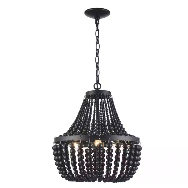 Cayman 3-Light Black Chandelier Light Fixture with Black Faux Wood Beaded Shade - 1008262836