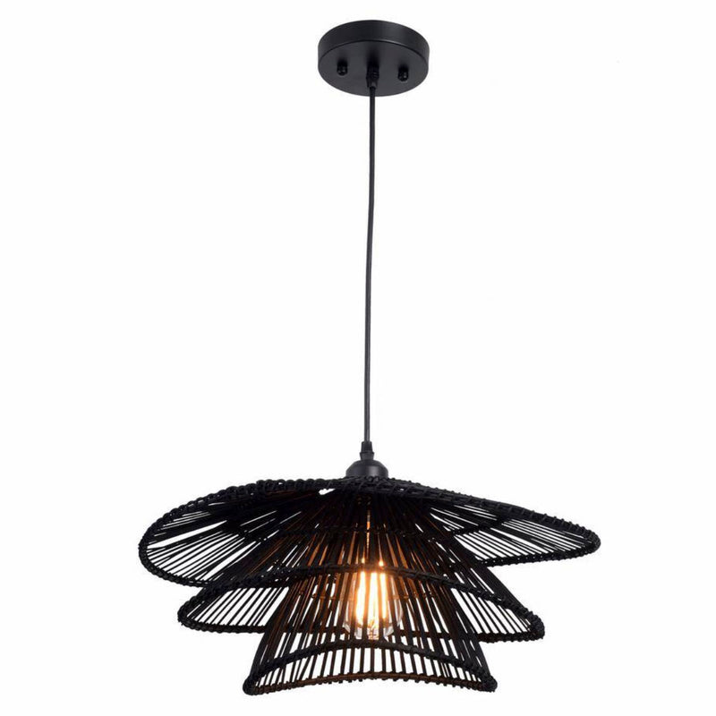 Wilby 1-Light Black Tiered Pendant Chandelier with Rattan - 1008393030