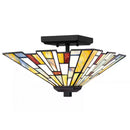Fallsdale 12 in. 2-Light Matte Black Semi-Flush Mount with Tiffany Glass Shade - 1008574958