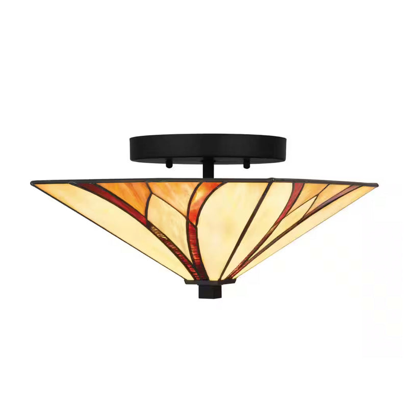 Margrave 12 in. 2-Light Matte Black Semi-Flush Mount with Tiffany Glass Shade - 1008578246