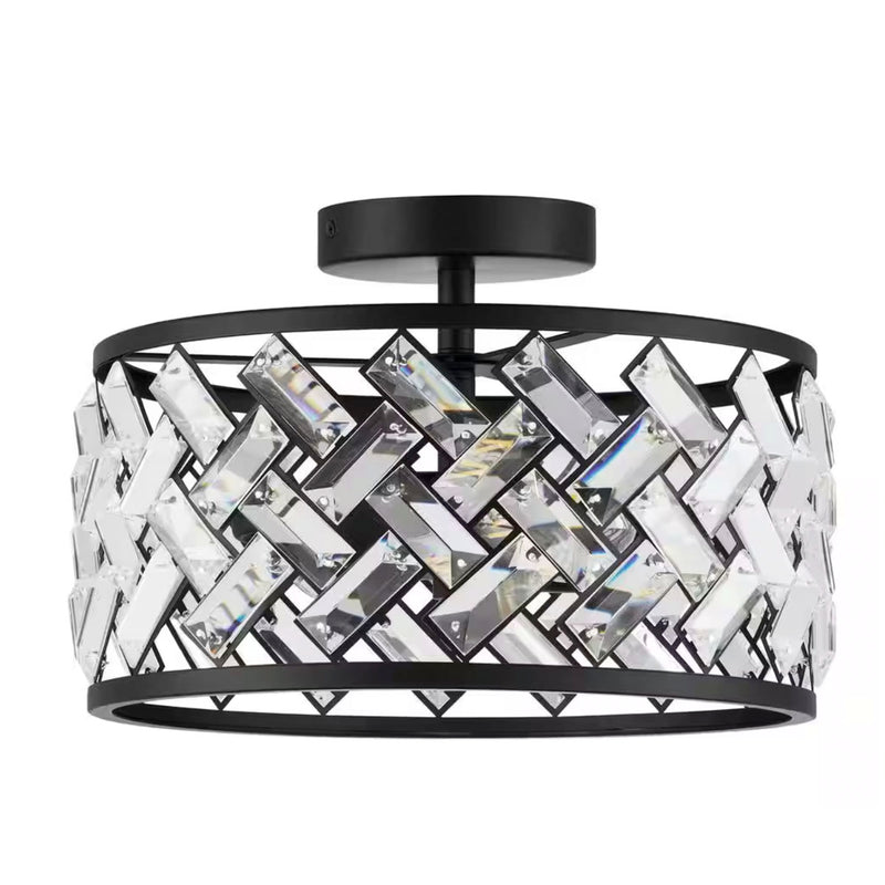 Ravenwing 13 in. 2-Light Matte Black Semi-Flush Mount with Crystal Glass Shade - 1008779465