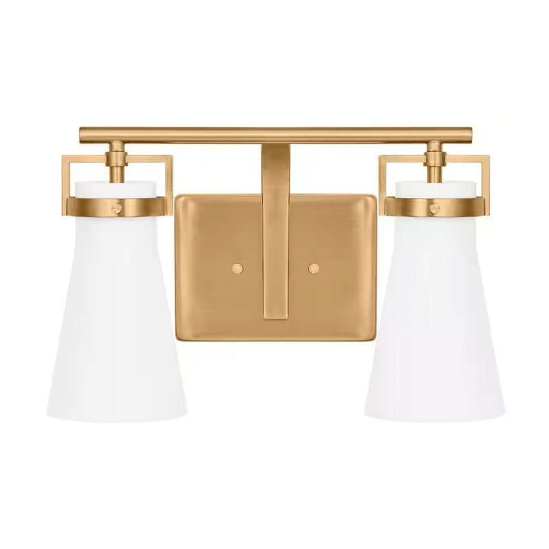 Clermont 14.75 in. 2-Light Satin Brass Bathroom Vanity Light with Milk Glass Shades - 1008824839