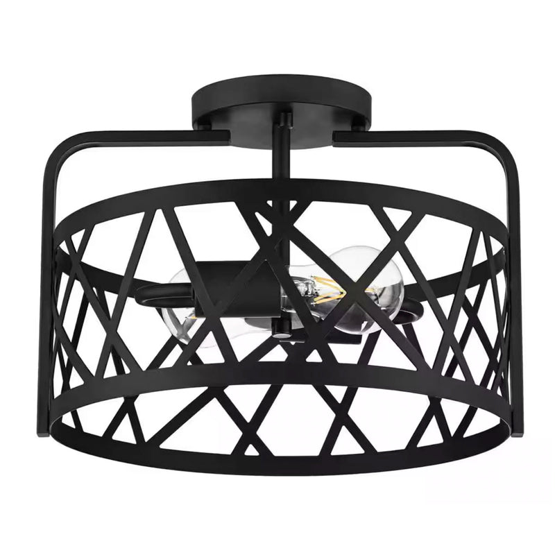 Mahre 13 in. 2-Light Matte Black Semi-Flush Mount Ceiling Light Fixture with Caged Metal Shade - 1008854427