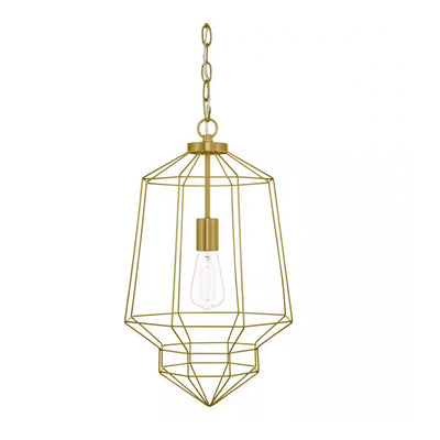 Winfield 1-Light Gold Caged Pendant Light Fixture with Geometric Metal Shade - 1009097381