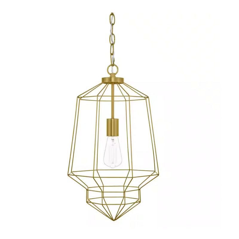 Winfield 1-Light Gold Caged Pendant Light Fixture with Geometric Metal Shade - 1009097381