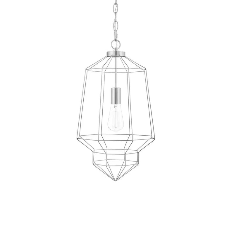 Winfield 1-Light Chrome Caged Pendant Light Fixture with Geometric Metal Shade - 1009097386