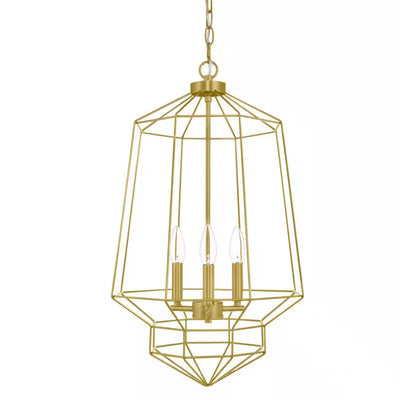 Winfield 3-Light Gold Caged Chandelier Light Fixture with Geometric Metal Shade - 1009098545