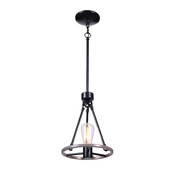 Stratton 1-Light Black and Woodgrain Mini Pendant, Industrial Farmhouse Hanging Light, Kitchen Pendant Lighting - 1006314516