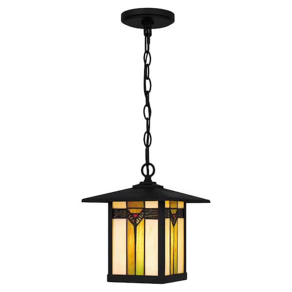Sumner 1-Light Matte Black Outdoor Pendant Light with Tiffany Glass Shade - 1008547470